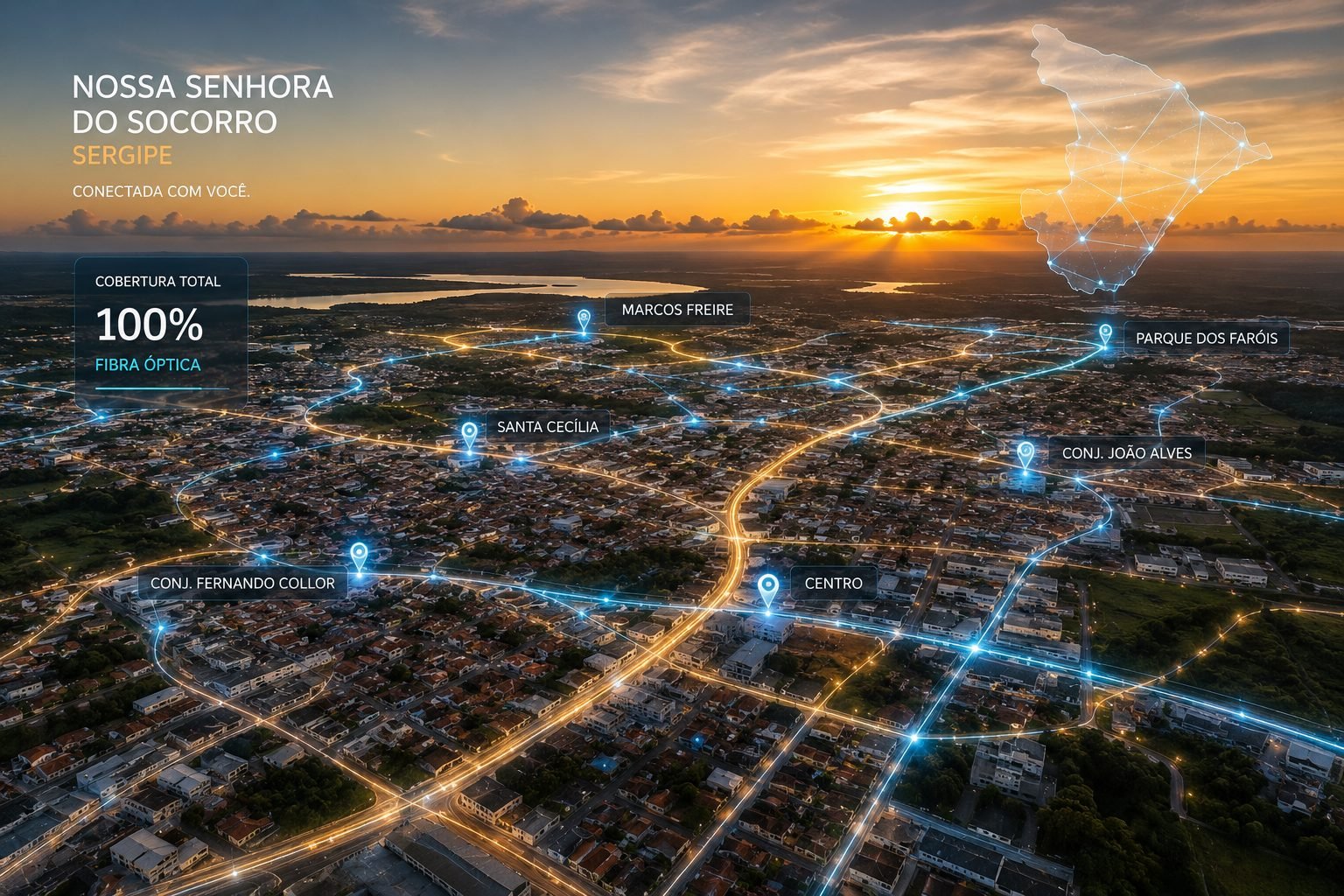 Mapa de Nossa Senhora do Socorro com pontos de cobertura iluminados