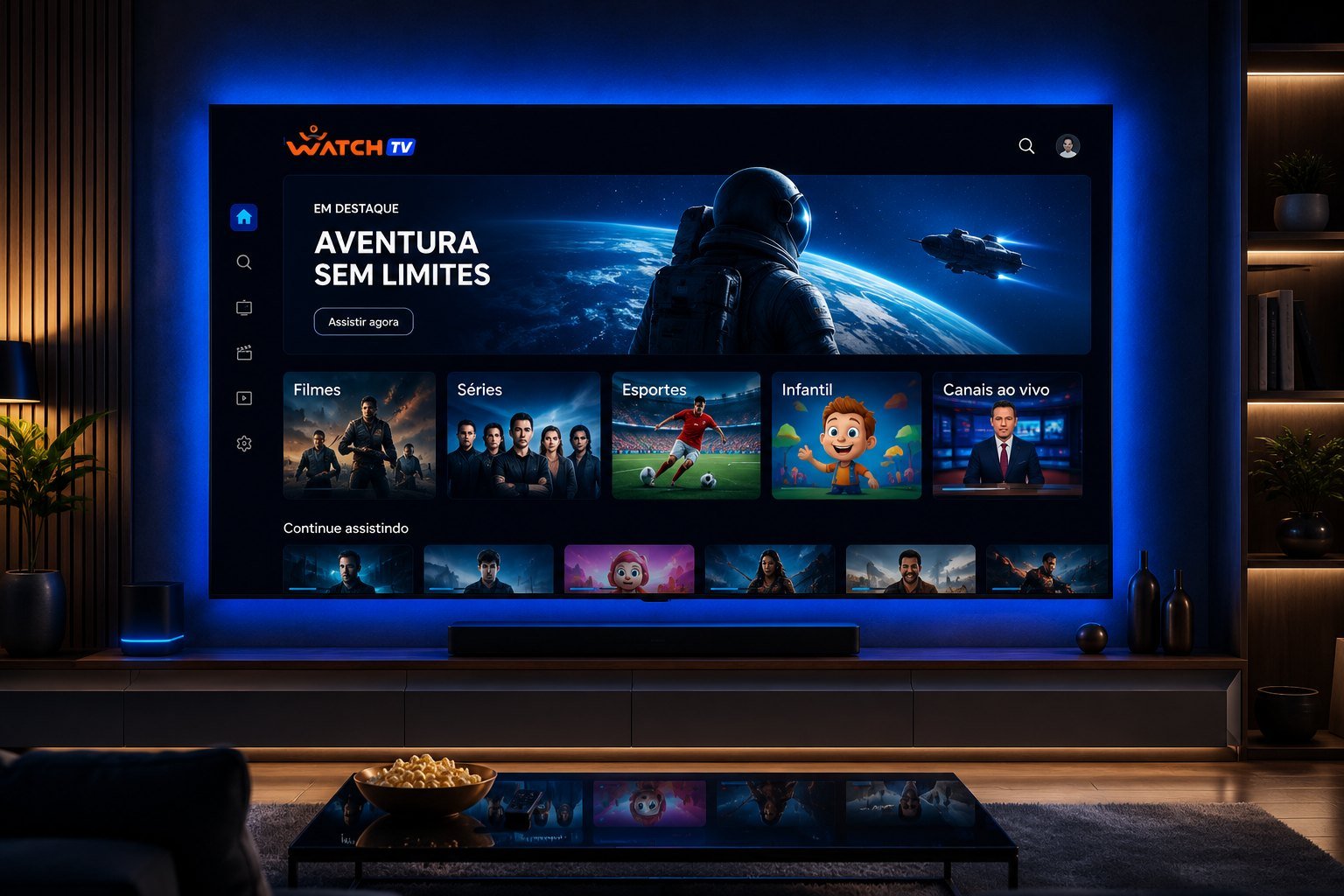 Interface da Whim + Watch exibida em uma Smart TV na sala
